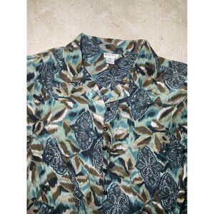 Bogari Womens Silk Button-Up Shirt‎ Abstract Green & Brown Pattern Size 20W